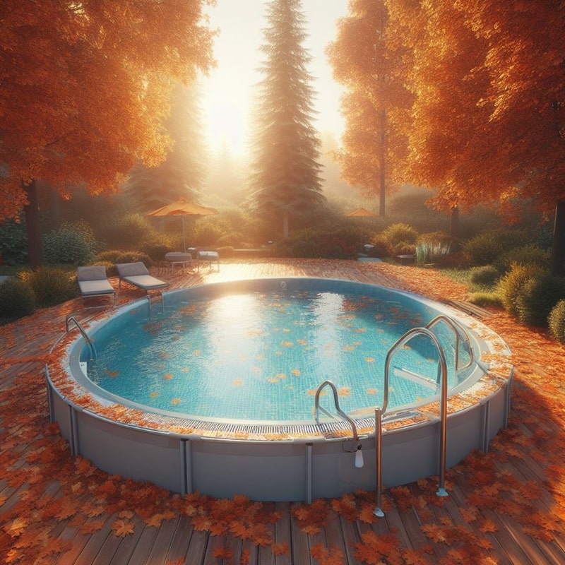 above ground pool on wood deck surrounded by trees with yellow leaves