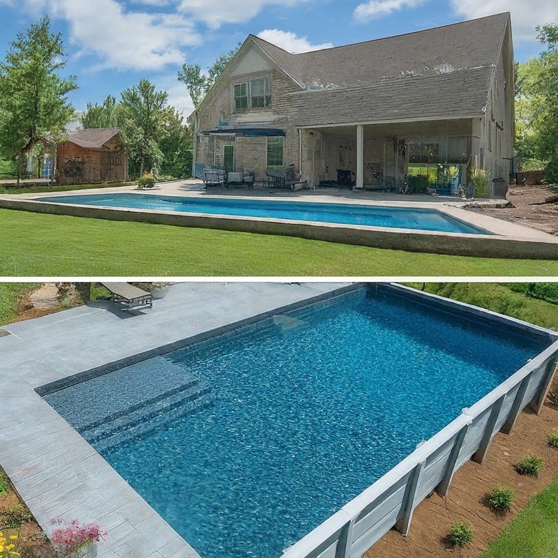 side-by-side images of a semi-inground pool and an inground pool 