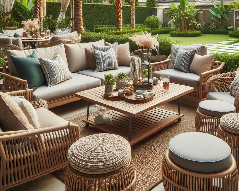 outdoor living space with comfortable seating, decorative cushions, and a well-arranged coffee table