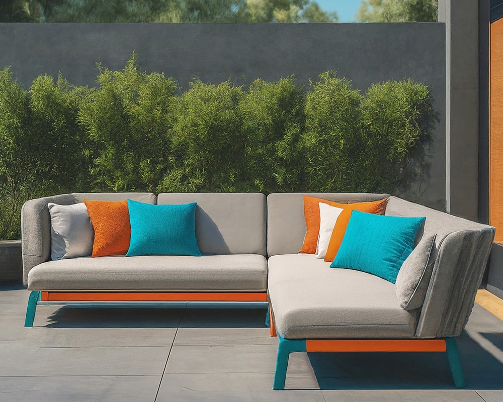Modern outdoor furniture set with colorful cushions on a sunny patio