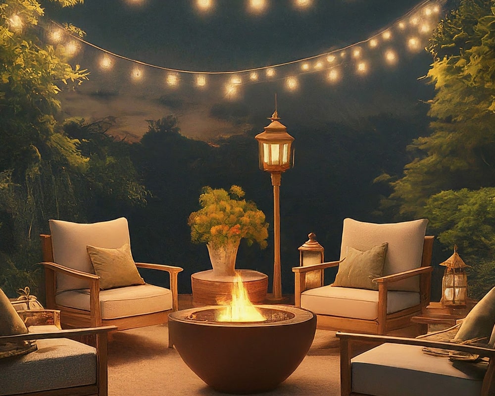 Cozy outdoor seating area with comfortable chairs, a warm fire pit, and ambient string lights surrounded by lush greenery at dusk