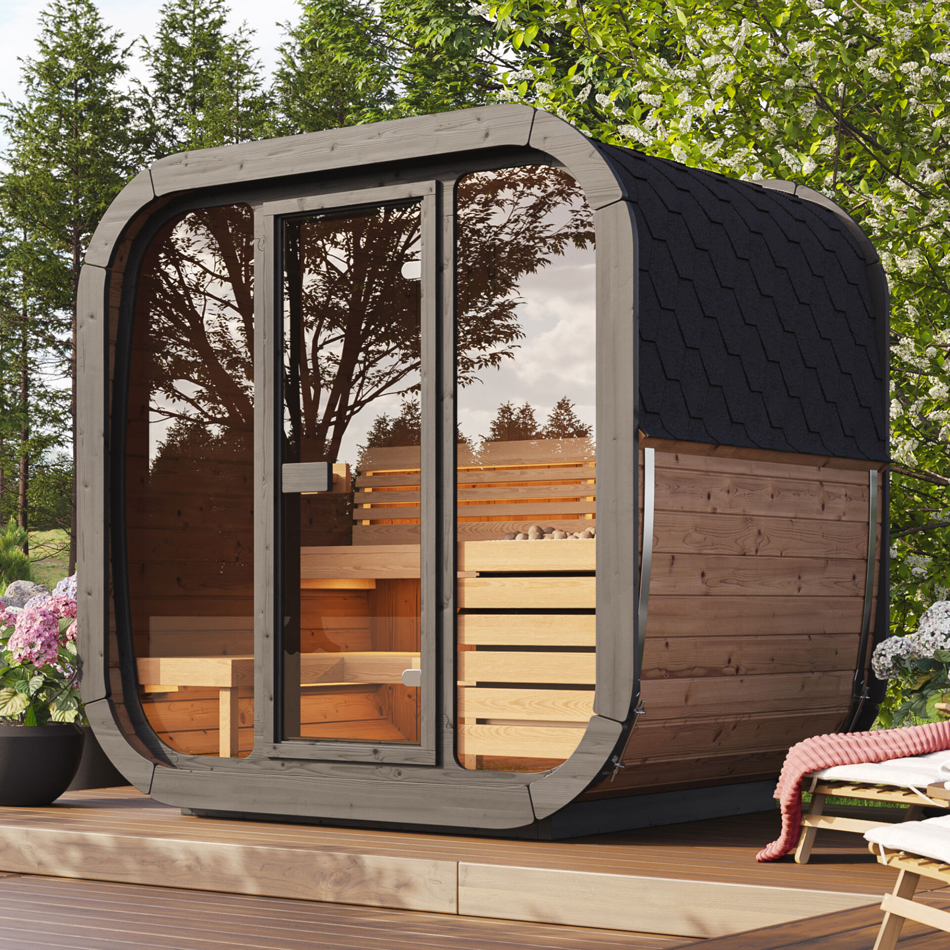 Outdoor Cube Sauna – 4-Person Thermo-Spruce Sauna with Lava Rock Steam Heater