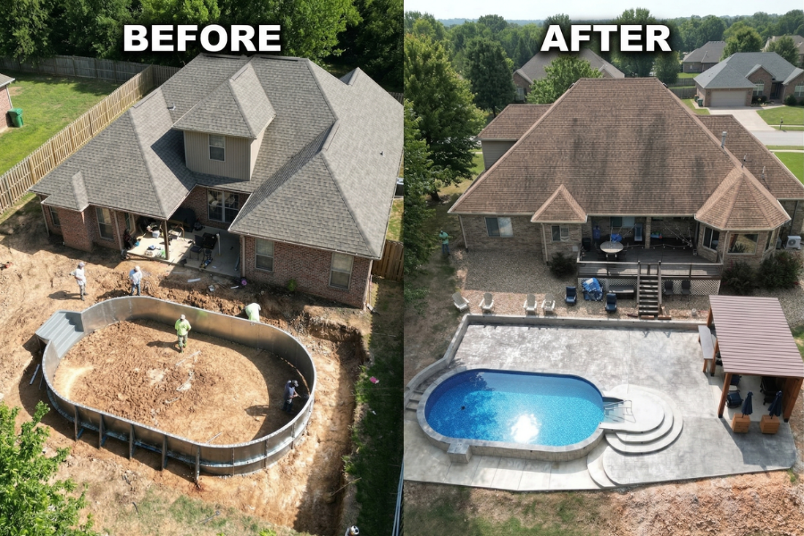 Before and after of a semi-inground pool installation by Galaxy